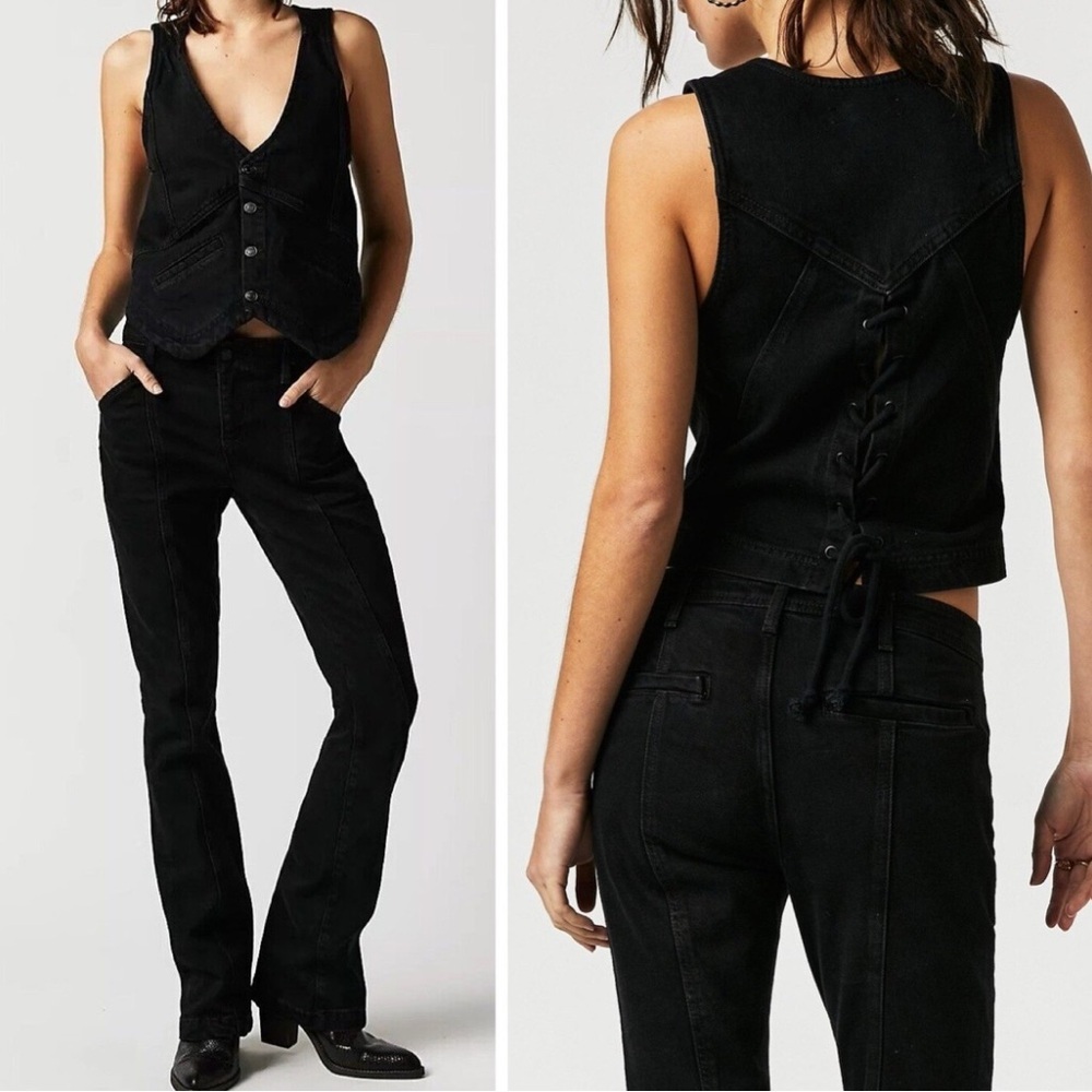NWT Free People Beckett Denim Tie Back Black Vest Size 28